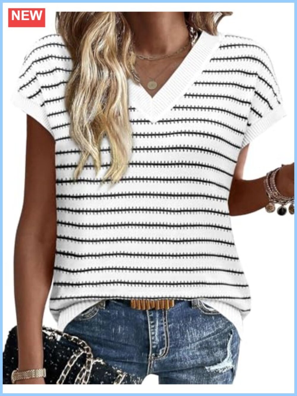 Womens Short Sleeve V Neck Striped Knit Pullover Sweater